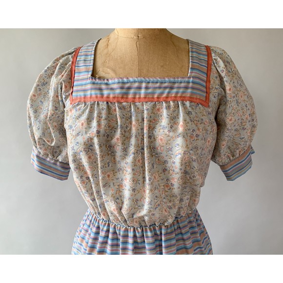 Vintage 1970s Blue Pink Floral Patchwork Tiered Ruffled Maxi Dress Small Medium - Picture 9 of 10